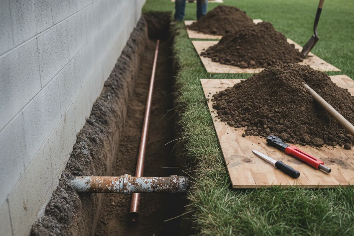 Excavated water line trench during Water Heater Repair in Edinburg